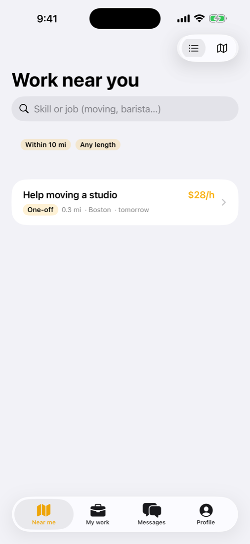 Gigbee showing work near you: counter help, moving, a barista job, with pay and distance