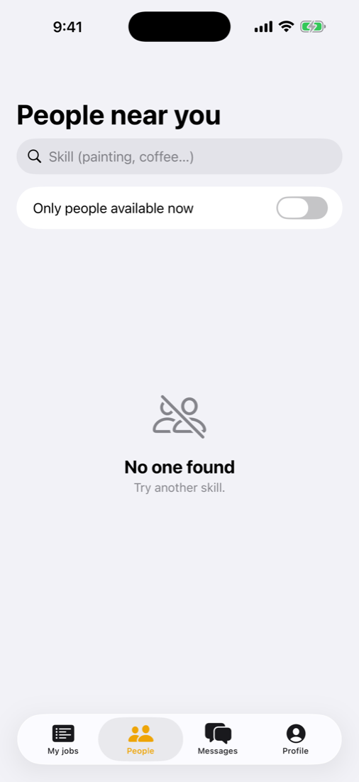Gigbee showing people near you, with ratings and who's available now